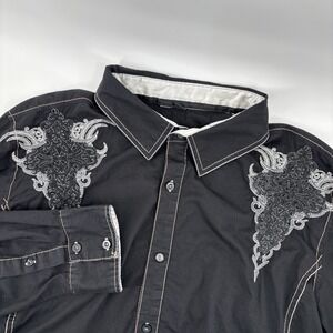 Roar Shirt Men's XXL Black Embroidered Western Cowboy Rock Cross Rockabilly